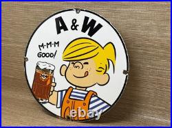 Vintage A & W M-m-m Good! Porcelain Sign Dennis The Menace Root Beer Float
