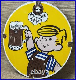 Vintage A & W M-m-m Good! Porcelain Sign Dennis The Menace Root Beer Float