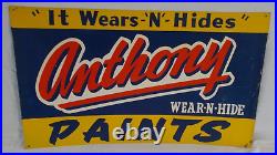 Vintage ANTHONY PAINTS Metal Sign, It Wears'N' Hides, Measures 24 X 14