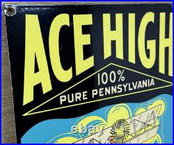 Vintage Ace High Gasoline Porcelain Sign Dealership Gas Station Plabe Motor Oil