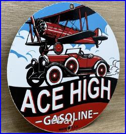 Vintage Ace High Gasoline Porcelain Sign Dealership Gas Station Plabe Motor Oil