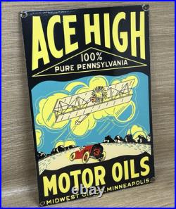 Vintage Ace High Gasoline Porcelain Sign Dealership Gas Station Plabe Motor Oil
