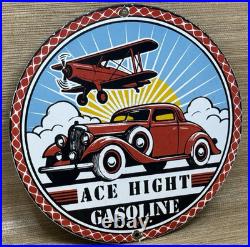 Vintage Ace High Gasoline Porcelain Sign Dealership Gas Station Plabe Motor Oil