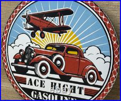 Vintage Ace High Gasoline Porcelain Sign Dealership Gas Station Plabe Motor Oil