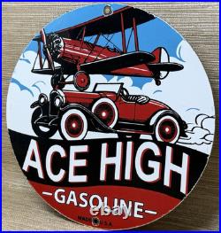 Vintage Ace High Gasoline Porcelain Sign Dealership Gas Station Plabe Motor Oil