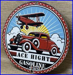 Vintage Ace High Gasoline Porcelain Sign Dealership Gas Station Plabe Motor Oil