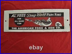 Vintage Al-foss Porcelain Sign 12x4 For All Game Fish The American Fork & Hoe