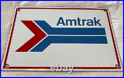 Vintage Amtrak Train Station Porcelain Sign Gas Motor Oil Pump Plate Rail Road