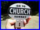 Vintage-Antique-1950s-GO-TO-CHURCH-SUNDAY-License-Plate-Topper-auto-gas-oil-sign-01-digy