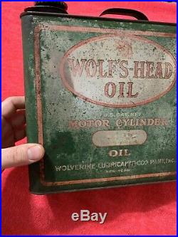 Vintage Antique Rare Early WOLFS HEAD Motor Oil Can Gas Service 1 Gallon