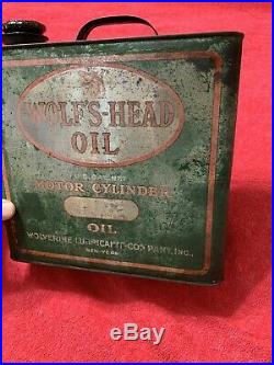 Vintage Antique Rare Early WOLFS HEAD Motor Oil Can Gas Service 1 Gallon