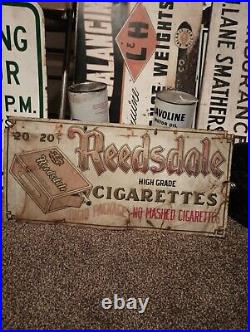 Vintage Antique Tin Embossed Reedsdale 20 Cents Cigarettes Advertising Sign Rare