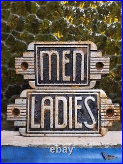 Vintage Art Deco Restroom Sign Mens Ladies Cast Iron Bar Restaurant Toilet Gas