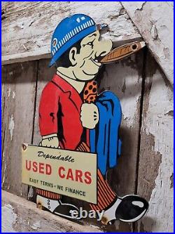 Vintage Automobile Dealer Porcelain Sign Dependable Used Car Lot Cigar Sales Man