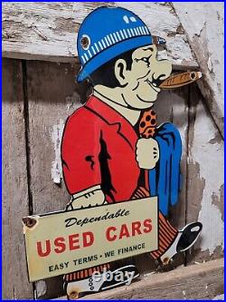 Vintage Automobile Dealer Porcelain Sign Dependable Used Car Lot Cigar Sales Man