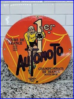 Vintage Automoto Porcelain Sign Bicycle Cycling Tour De France Bike Gas Station