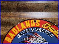 Vintage Badlands Indian Motorcycles Porcelain Sign Gas Oil Sales Walls S Dakota