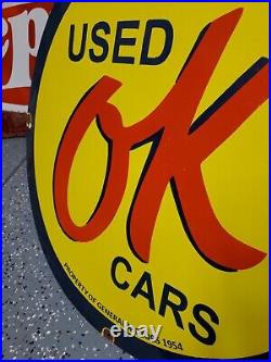 Vintage Beautiful Chevy OK Used Cars Sign Metal Porcelain GM Stamp 1954 Gas Oil