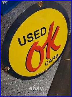 Vintage Beautiful Chevy OK Used Cars Sign Metal Porcelain GM Stamp 1954 Gas Oil