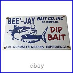 Vintage Bee Jay Bait Sign Lures Tackle Fishing Porcelain Gas Oil Sign