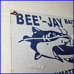 Vintage Bee Jay Bait Sign Lures Tackle Fishing Porcelain Gas Oil Sign