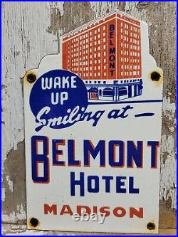 Vintage Belmont Hotel Porcelain Sign Old Diecut Madison Travel Tourist Motel