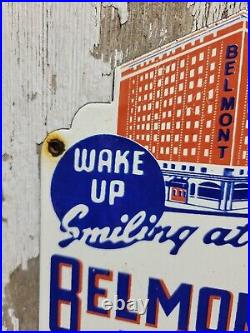 Vintage Belmont Hotel Porcelain Sign Old Diecut Madison Travel Tourist Motel