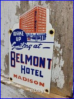 Vintage Belmont Hotel Porcelain Sign Old Diecut Madison Travel Tourist Motel