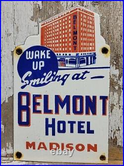 Vintage Belmont Hotel Porcelain Sign Old Diecut Madison Travel Tourist Motel