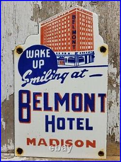 Vintage Belmont Hotel Porcelain Sign Old Diecut Madison Travel Tourist Motel