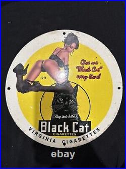 Vintage Black Cat Cigarettes Pinup Girl Porcelain Gas Oil Pump Store Garage Sign