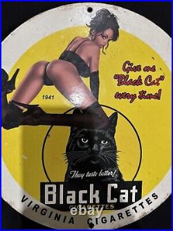 Vintage Black Cat Cigarettes Pinup Girl Porcelain Gas Oil Pump Store Garage Sign