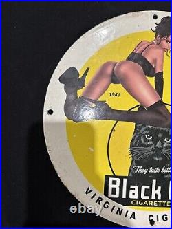 Vintage Black Cat Cigarettes Pinup Girl Porcelain Gas Oil Pump Store Garage Sign