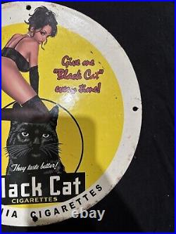 Vintage Black Cat Cigarettes Pinup Girl Porcelain Gas Oil Pump Store Garage Sign