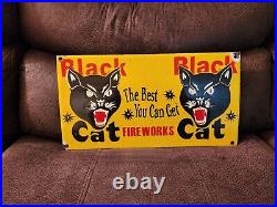 Vintage Black Cat Fireworks Porcelain Sign 15x8