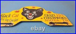 Vintage Black Cat Porcelain Fireworks Gas Pump Sign Ad License Plate Topper