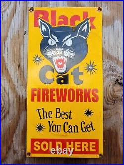Vintage Black Cat Porcelain Sign Fireworks American Firecracker Gas Oil Man Cave
