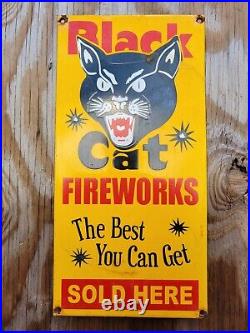 Vintage Black Cat Porcelain Sign Fireworks American Firecracker Gas Oil Man Cave