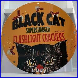 Vintage Black Cat Porcelain Sign Gas Oil Flashlight Crackers Enamel Pump Plate