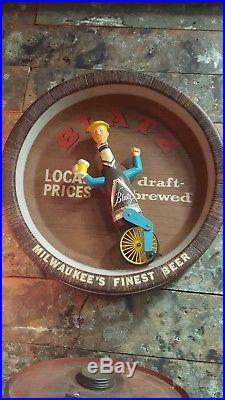 Vintage Blatz Beer Light Up Motion Unicycle Bottle Man Barrel Advertising Sign