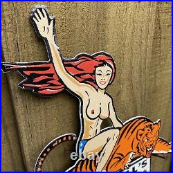 Vintage Boutwell's Motorcycle Porcelain Sign Pin-up Girl Gas Harley Petroliana