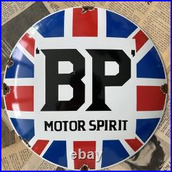 Vintage British Petroleum Motor Spirit 12 Inch Convex Porcelain Enamel Sign
