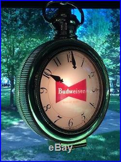 Vintage Budweiser Advertising Lighted Rotating Pocket Watch Clock Hanging Sign