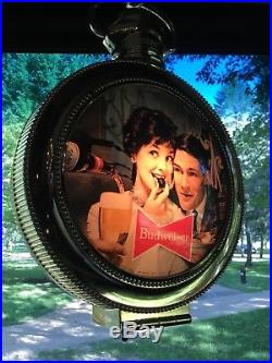 Vintage Budweiser Advertising Lighted Rotating Pocket Watch Clock Hanging Sign