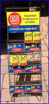 Vintage Casite Gas Oil Store Display Rack Sign Gasoline With 4 15oz Full Cans