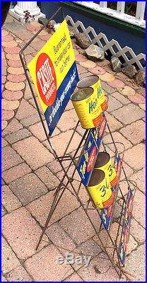 Vintage Casite Gas Oil Store Display Rack Sign Gasoline With 4 15oz Full Cans