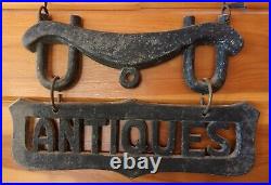 Vintage Cast Wrought Iron ANTIQUES Advertising Hanging Sign Store Window Display