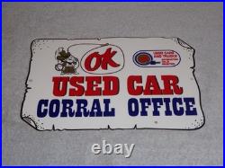 Vintage Chevrolet Ok Used Car Corral Office Cowboy 12 Metal Gasoline Oil Sign