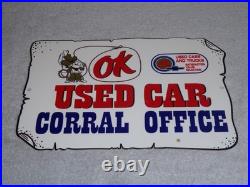 Vintage Chevrolet Ok Used Car Corral Office Cowboy 12 Metal Gasoline Oil Sign