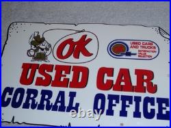 Vintage Chevrolet Ok Used Car Corral Office Cowboy 12 Metal Gasoline Oil Sign